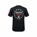 Black t-shirt with 'TRUTH IS THE FIRST CASUALTY OF TYRANNY' text and star design on a white background