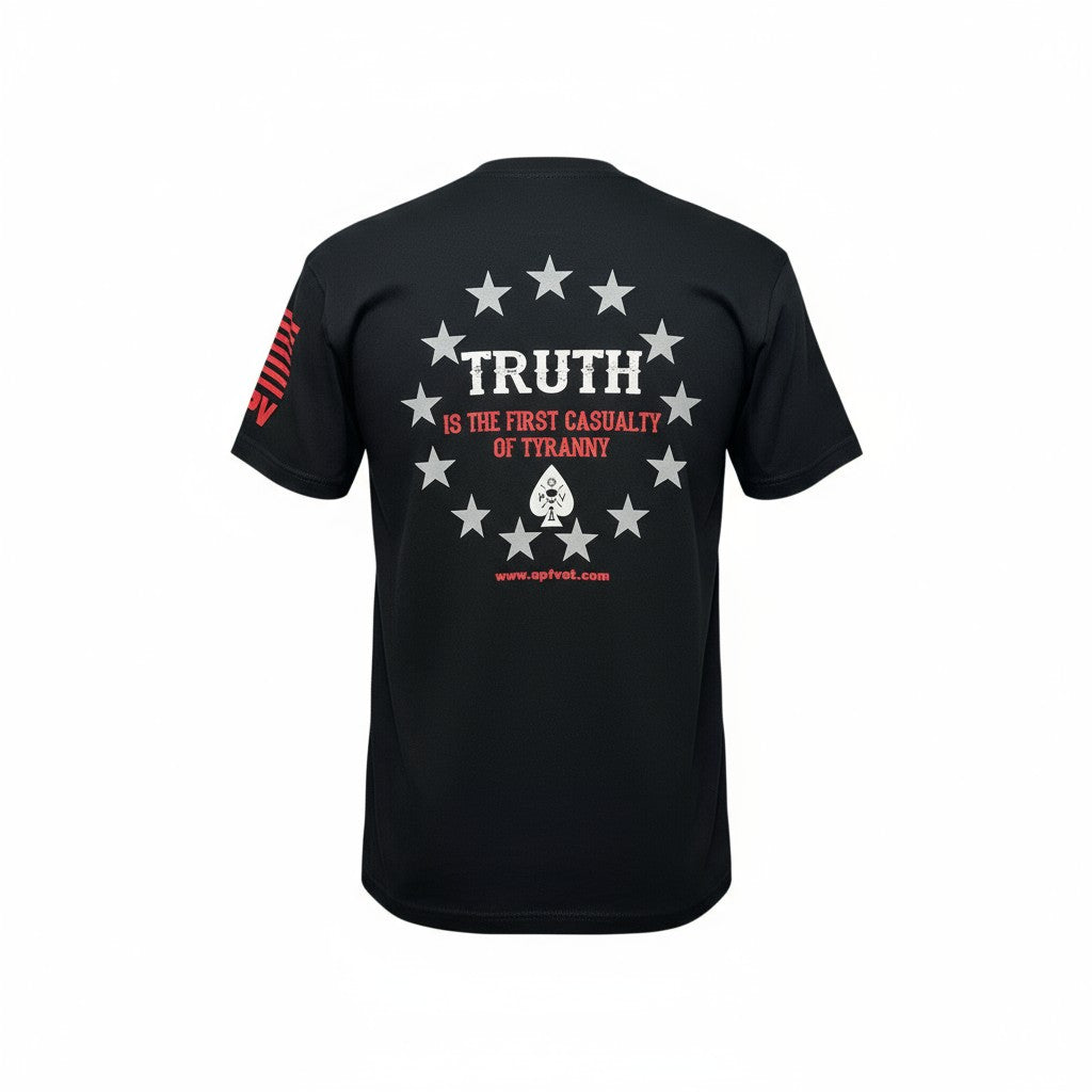 Black t-shirt with 'TRUTH IS THE FIRST CASUALTY OF TYRANNY' text and star design on a white background